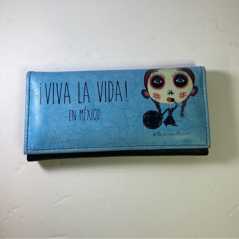 Patricia Fornos blue wallet leather Viva La Vida! Mexican artist RARE